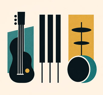 Guitar, piano, and drums icon